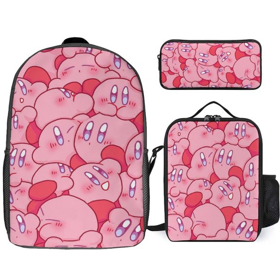 3PCS Casual Kirby Backpack Set Bookbag+Pencil Case+Lunch Bag Combination For Travel Work Camping