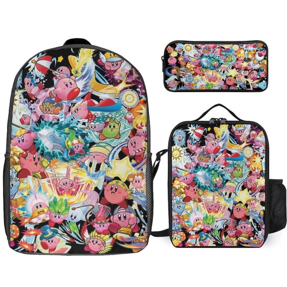 3PCS Casual Kirby Backpack Set Bookbag+Pencil Case+Lunch Bag Combination For Travel Work Camping