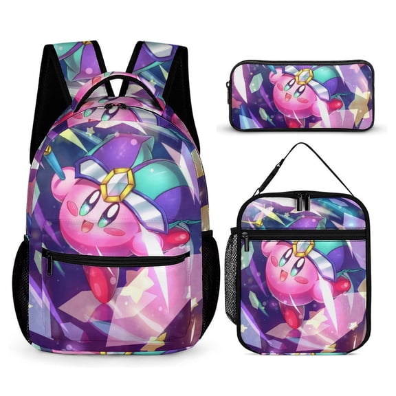 3PCS Casual Kirby Backpack Set Bookbag+Pencil Case+Lunch Bag Combination For Travel Work Camping
