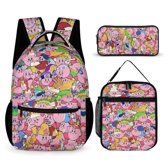 3PCS Casual Kirby Backpack Set Bookbag+Pencil Case+Lunch Bag Combination For Travel Work Camping