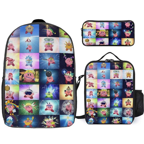 3PCS Casual Kirby Backpack Set Bookbag+Pencil Case+Lunch Bag Combination For Travel Work Camping