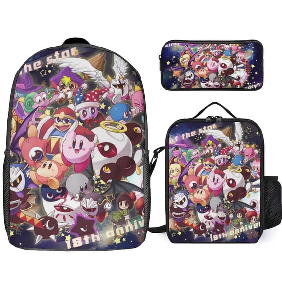 3PCS Casual Kirby Backpack Set Bookbag+Pencil Case+Lunch Bag Combination For Travel Work Camping