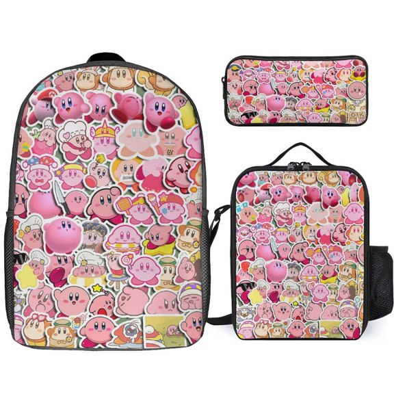 3PCS Casual Kirby Backpack Set Bookbag+Pencil Case+Lunch Bag Combination For Travel Work Camping