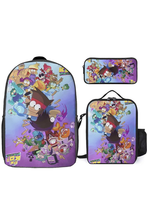 3PCS Casual OK K.O.! Backpack Set Bookbag+Pencil Case+Lunch Bag Combination For Travel Work Camping