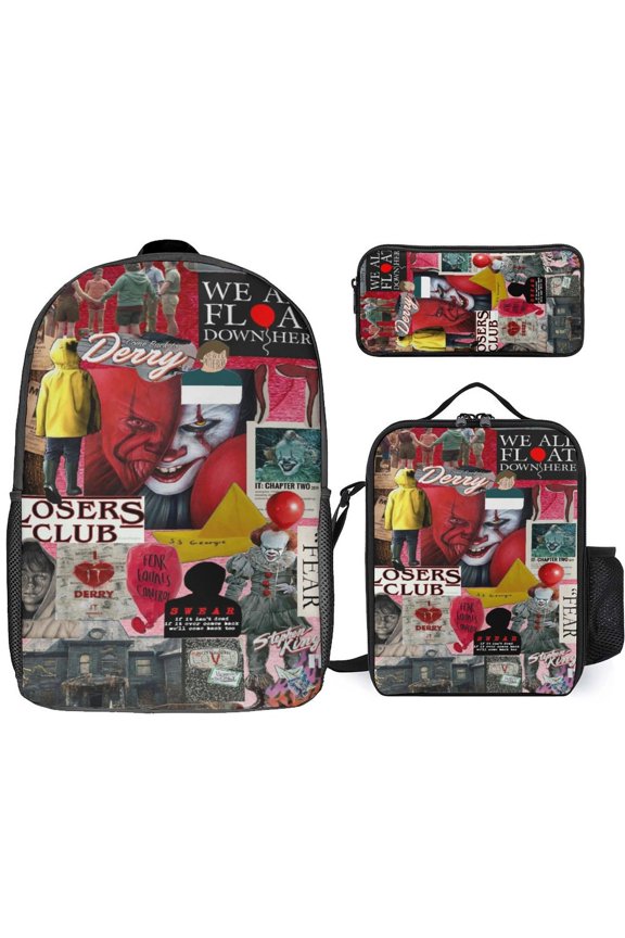 3PCS Casual Pennywise Backpack Set Bookbag+Pencil Case+Lunch Bag Combination For Travel Work Camping