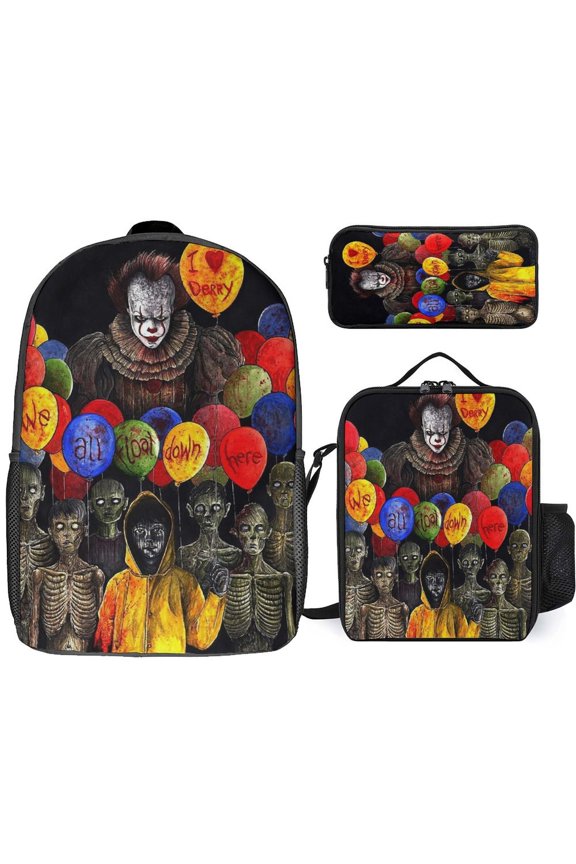 3PCS Casual Pennywise Backpack Set Bookbag+Pencil Case+Lunch Bag Combination For Travel Work Camping