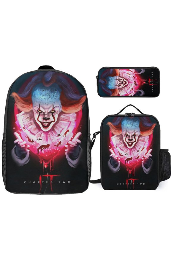 3PCS Casual Pennywise Backpack Set Bookbag+Pencil Case+Lunch Bag Combination For Travel Work Camping