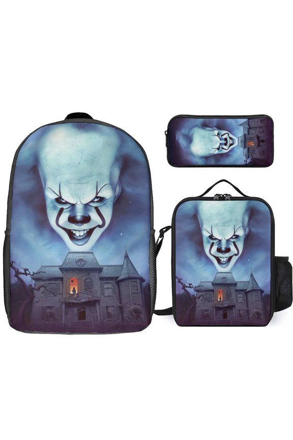 3PCS Casual Pennywise Backpack Set Bookbag+Pencil Case+Lunch Bag Combination For Travel Work Camping