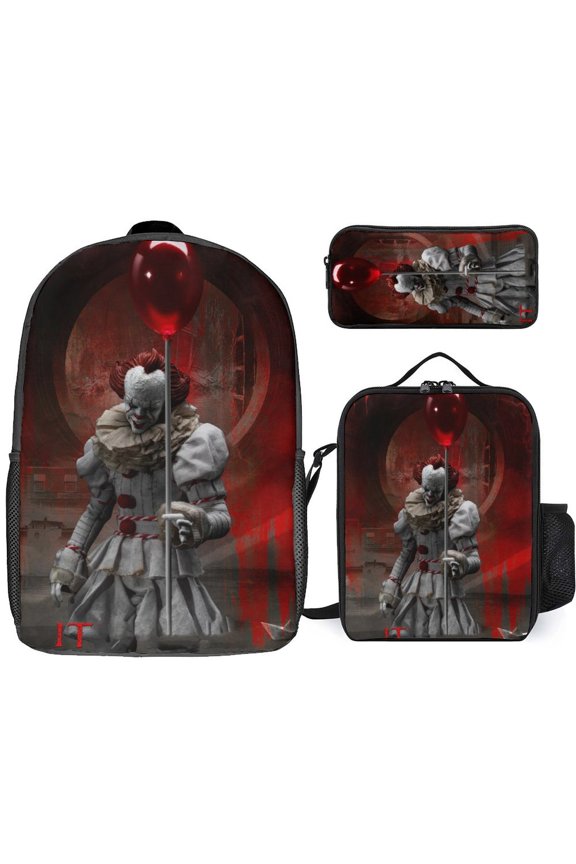 3PCS Casual Pennywise Backpack Set Bookbag+Pencil Case+Lunch Bag Combination For Travel Work Camping