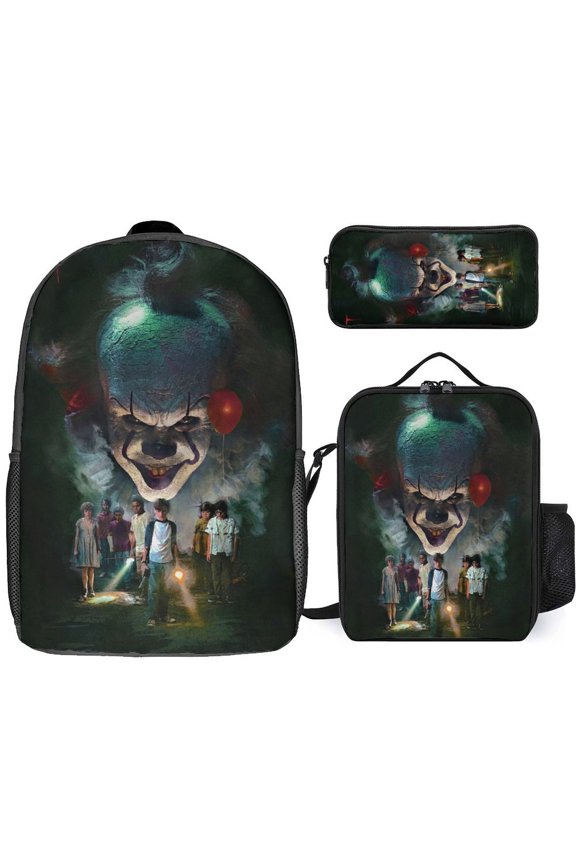 3PCS Casual Pennywise Backpack Set Bookbag+Pencil Case+Lunch Bag Combination For Travel Work Camping