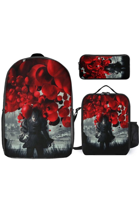 3PCS Casual Pennywise Backpack Set Bookbag+Pencil Case+Lunch Bag Combination For Travel Work Camping