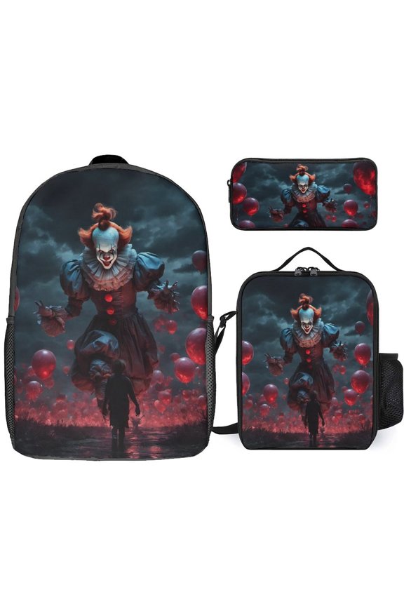 3PCS Casual Pennywise Backpack Set Bookbag+Pencil Case+Lunch Bag Combination For Travel Work Camping