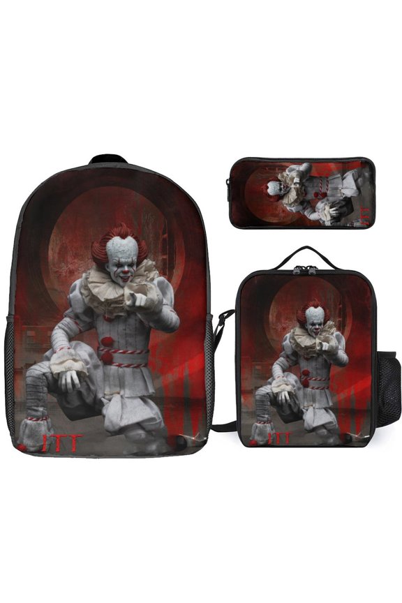 3PCS Casual Pennywise Backpack Set Bookbag+Pencil Case+Lunch Bag Combination For Travel Work Camping