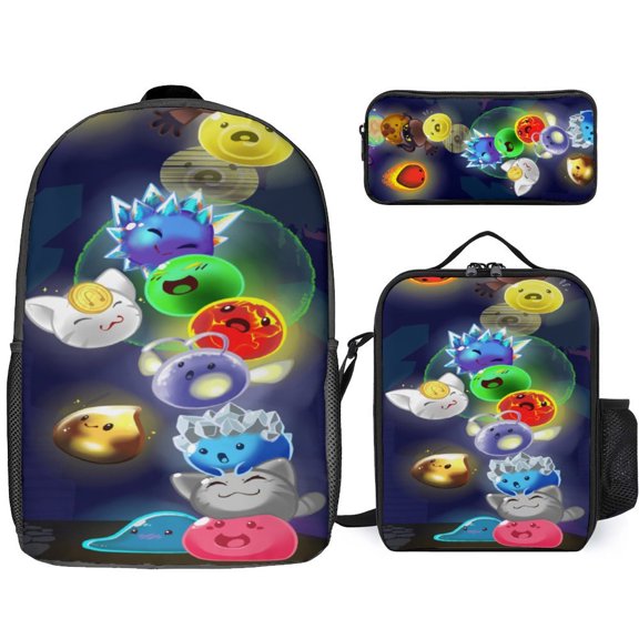3PCS Casual Slime Rancher Backpack Set Bookbag+Pencil Case+Lunch Bag Combination For Travel Work Camping