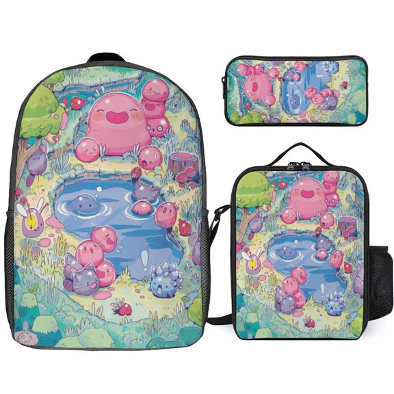 3PCS Casual Slime Rancher Backpack Set Bookbag+Pencil Case+Lunch Bag Combination For Travel Work Camping