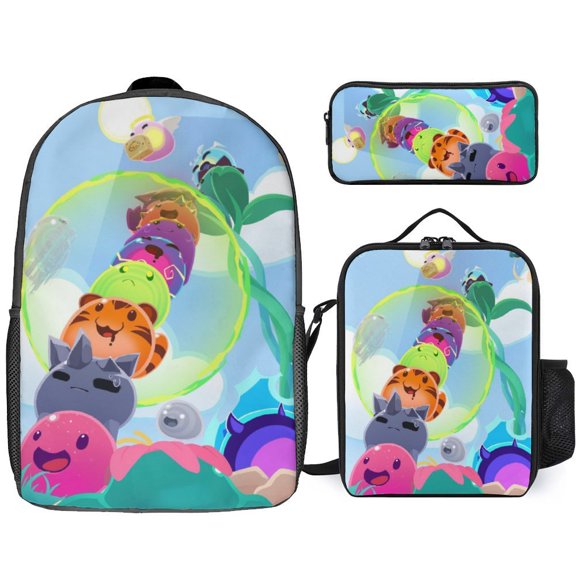 3PCS Casual Slime Rancher Backpack Set Bookbag+Pencil Case+Lunch Bag Combination For Travel Work Camping