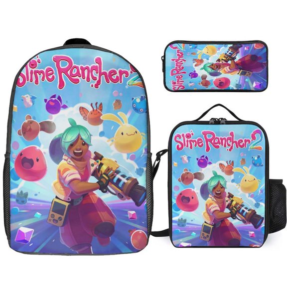 3PCS Casual Slime Rancher Backpack Set Bookbag+Pencil Case+Lunch Bag Combination For Travel Work Camping