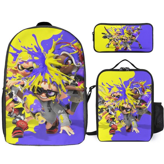 3PCS Casual Splatoon Backpack Set Bookbag+Pencil Case+Lunch Bag Combination For Travel Work Camping