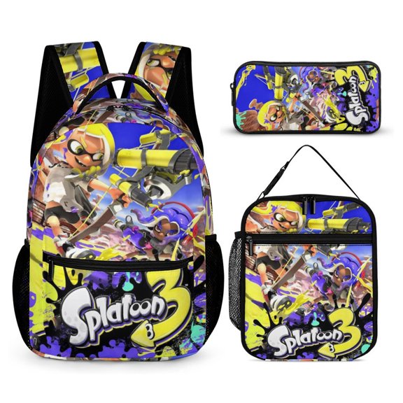 3PCS Casual Splatoon Backpack Set Bookbag+Pencil Case+Lunch Bag Combination For Travel Work Camping