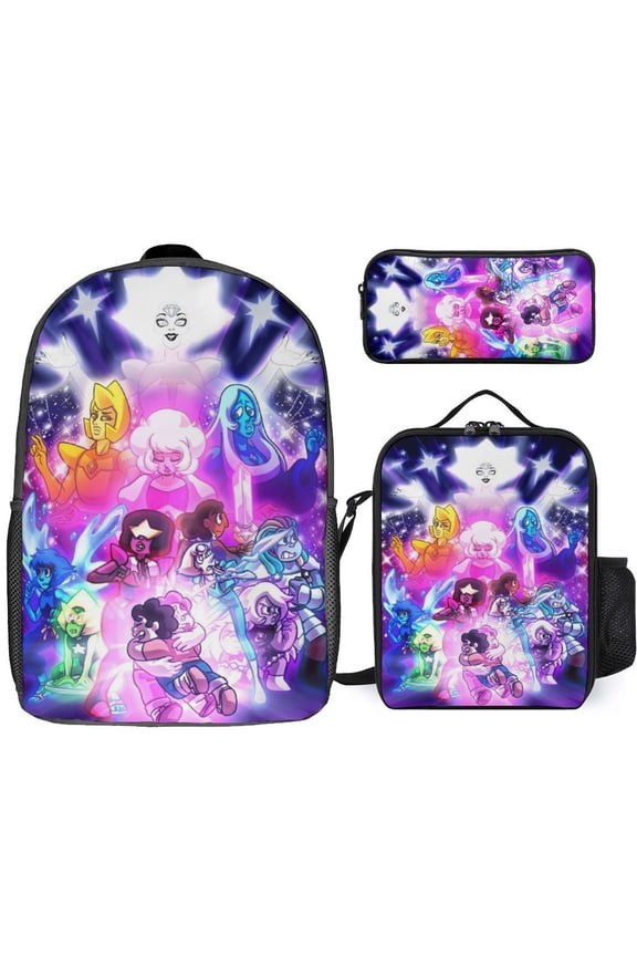 3PCS Casual Steven Universe Backpack Set Bookbag+Pencil Case+Lunch Bag Combination For Travel Work Camping