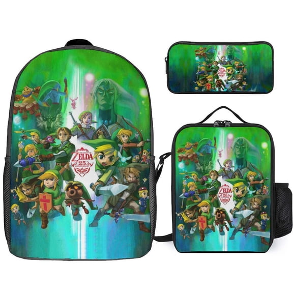 3PCS Casual The Legend of Zelda Backpack Set Bookbag+Pencil Case+Lunch Bag Combination For Travel Work Camping