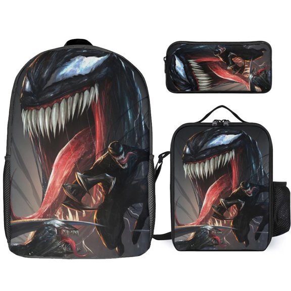 3PCS Casual Venom Backpack Set Bookbag+Pencil Case+Lunch Bag Combination For Travel Work Camping