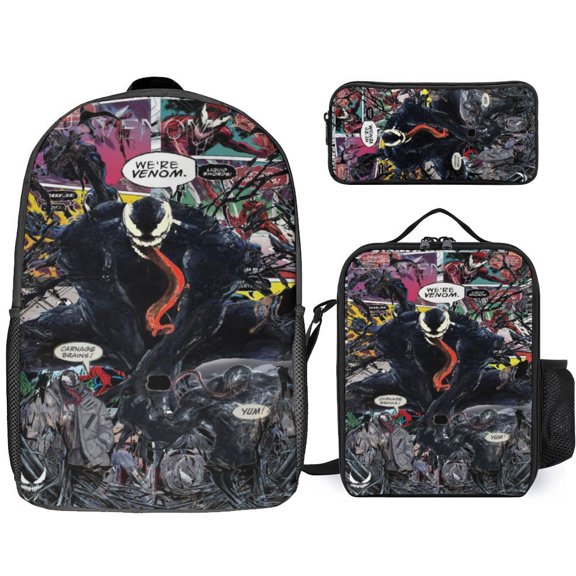 3PCS Casual Venom Backpack Set Bookbag+Pencil Case+Lunch Bag Combination For Travel Work Camping