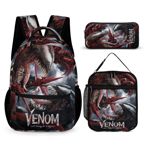 3PCS Casual Venom Backpack Set Bookbag+Pencil Case+Lunch Bag Combination For Travel Work Camping