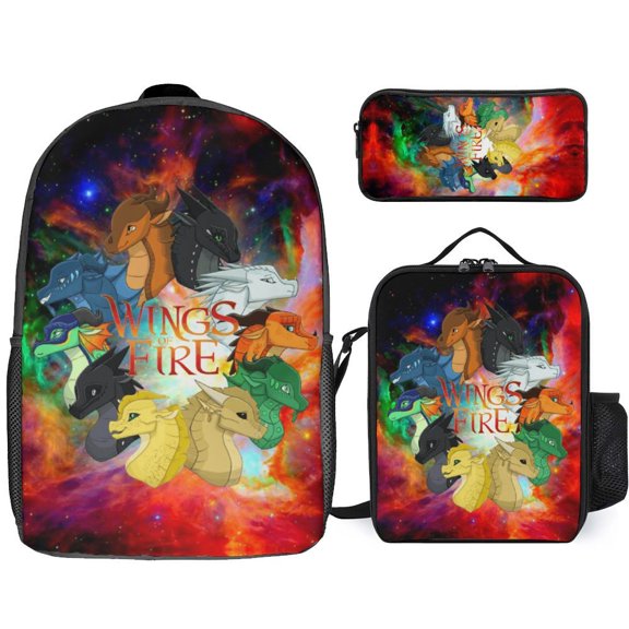 3PCS Casual Wings of Fire Backpack Set Bookbag+Pencil Case+Lunch Bag Combination For Travel Work Camping