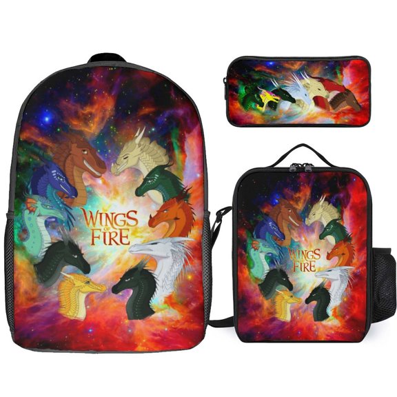 3PCS Casual Wings of Fire Backpack Set Bookbag+Pencil Case+Lunch Bag Combination For Travel Work Camping