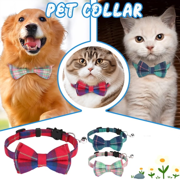 3PCS Cat Collar with Bell, Plaid Cat Collar with Bow Tie, Adjustable Buckle for Extra Small Medium Tiny Female Male Boys Girls Pets Puppy Kitten