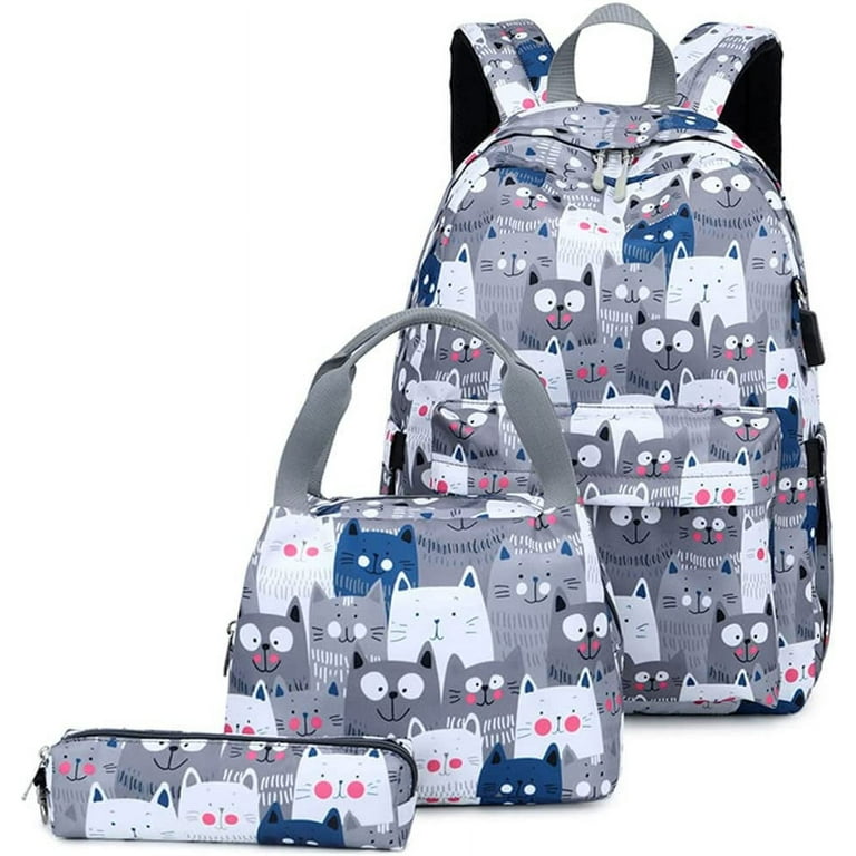 3PCS Cat Print Backpack for Teen Girls School Bag with Charging USB Port with Lunch Box Pencil Case Elementary School Daypack