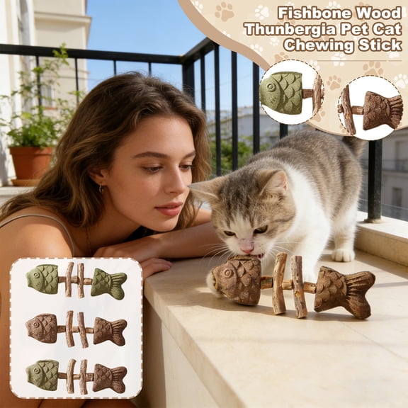 3PCS Cat Teething Toys - Cat Chew Toy Teething | Fish Bone Teether | Oral Care and Cleaning Interactive Chew Toy Cute Wooden Kitten Teether for Indoor Outdoor Play for Boredom Relief