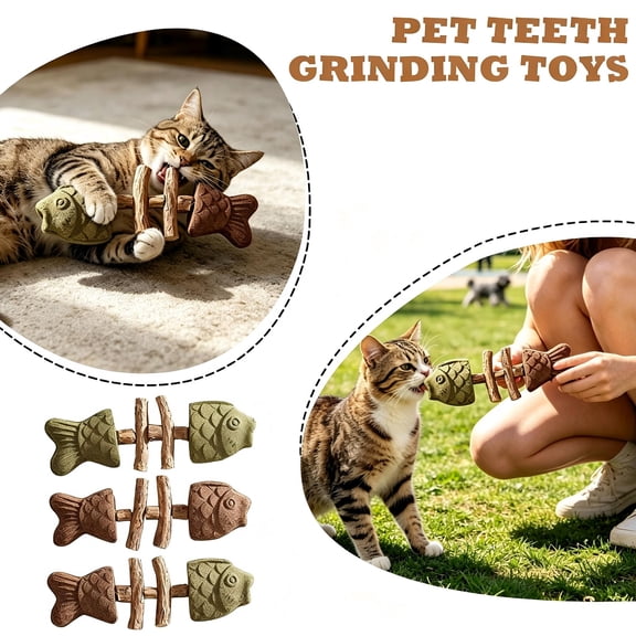 3PCS Catnip Fish Bone Cat Toy, Natural Wooden Teeth Cleaning Stick for Dental Health, Interactive Chewing Toy for Kitty