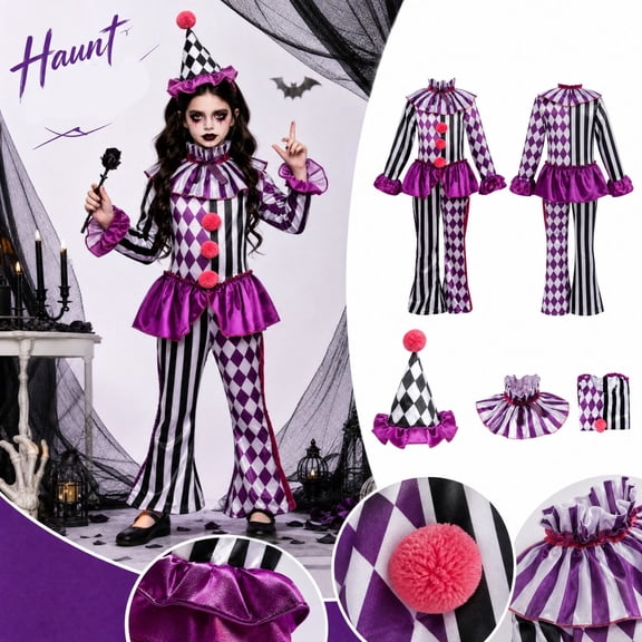 3PCS Ch'ildr'en Halloween Clown Costume One Piece Jumpsuit Set, Harlequin Jester Cosplay Outfit with Hat and Collar for G'irls Party Show