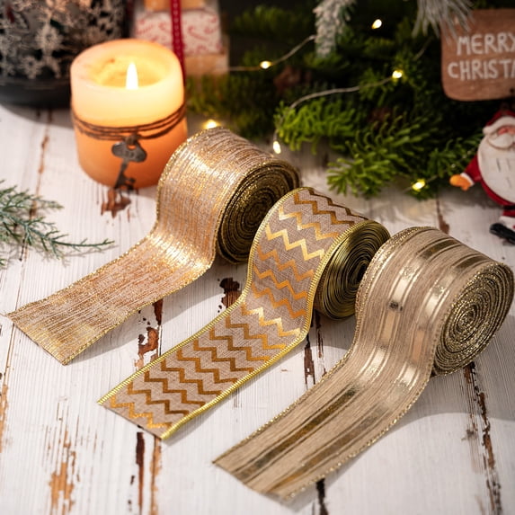 Gold Rbion 3PCS Champagne Gold Christmas Wired Ribbon - 16.4 Ft Yard Christmas ...