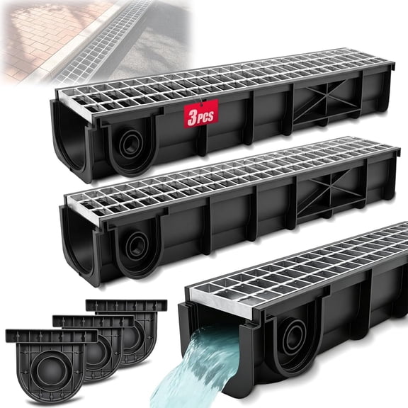 3PCS Channel Drain with Galvanized Steel Grate, Driveway Drainage Channel | 39.4" Linear Drain Channel with Galvanized Steel Grate for Driveway, Patio, Garage and Landscape Water Drainage