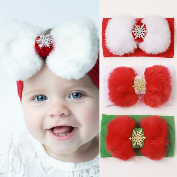 Vorkoi 3PCS Christmas Baby Headbands Plush Snow Bow Hairbands Christmas Headband for Baby Girl Newborn Infant Toddler