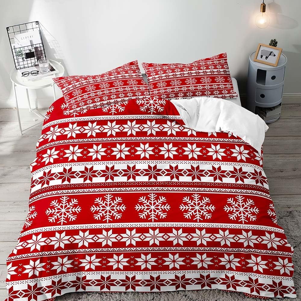 3PCS Christmas Duvet Cover 68x90 inch Bedding Set, White Red Striped