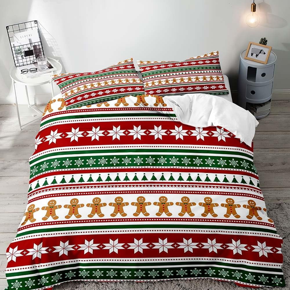 3PCS Christmas Duvet Cover 79x90 inch Bedding Sets, White Red Green
