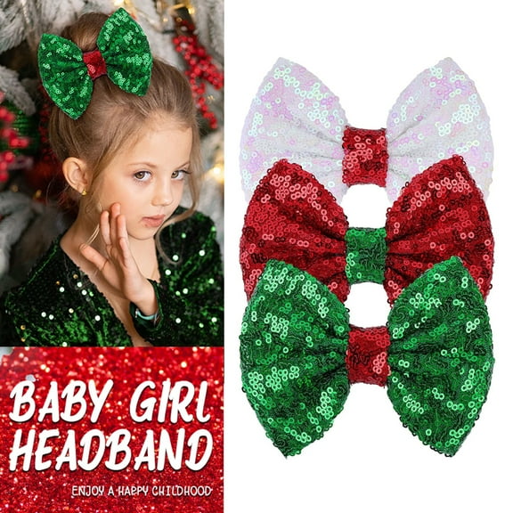 3PCS Christmas Hair Accessories - Sequins Bows Alligator Clips for Girls, Women, Toddlers in Red, White, Green