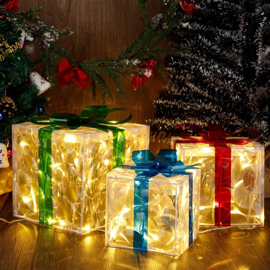 3PCS Christmas Lighted Gift Boxes Decorations, Prelit Snowflakes