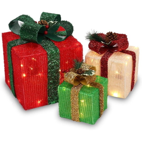 3PCS Christmas Lighted Gift Boxes, Weather Proof Present Boxes Ornament Home Decor Pre-lit 60 LED Lights Pre-Secured Bowknot for Indoor Outdoor Holiday Decorations