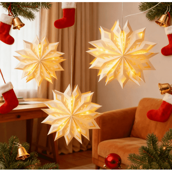 3PCS Christmas Paper Snowflake Lanterns, 3D Large Star with LightsFoldable Decorative Christmas Hanging Decorations for Xmas Winter Wedding New Year Party Home Decor Snowflake 1
