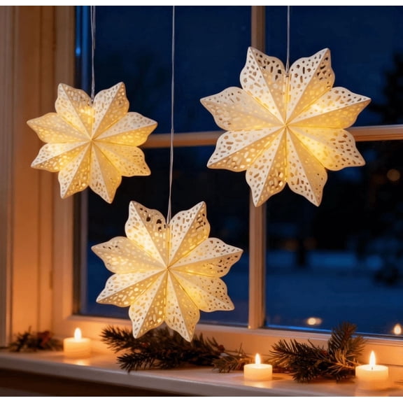 3PCS Christmas Paper Snowflake Lanterns, 3D Large Star with Lights,Foldable Decorative Christmas Hanging Decorations for Xmas Winter Wedding New Year Party Home Decor (Snowflake3)