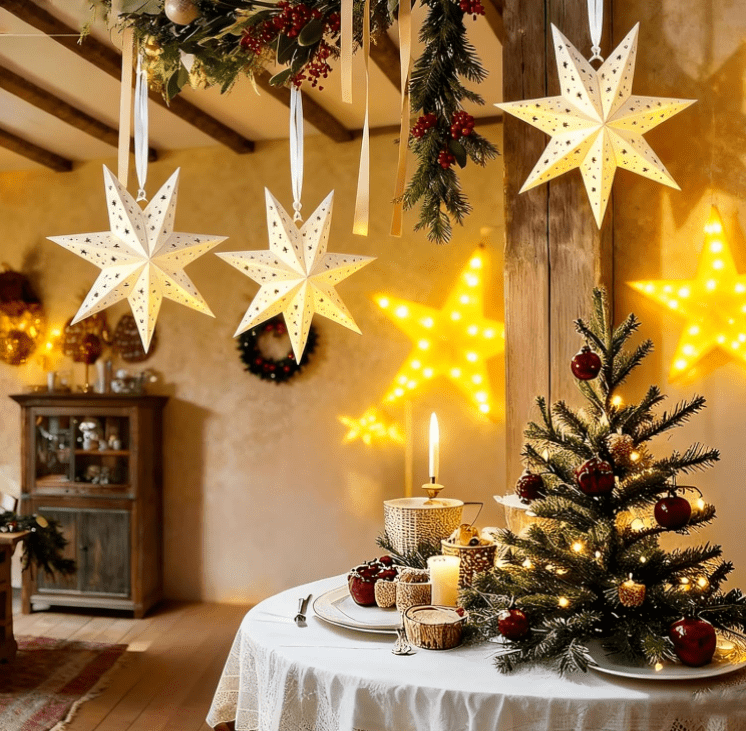 3PCS Christmas Paper Star Lanterns, 3D Large 7Pointed Stars with Lights