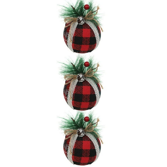 3PCS Christmas Plaid Ball Ornaments Burlap Foam 3.93'' Black & Red Buffalo Plaid Fabric Ball Ornaments with Pine Cones and Greenery, Plaid Christmas Tree Hanging Ball Ornaments Festive Decoration