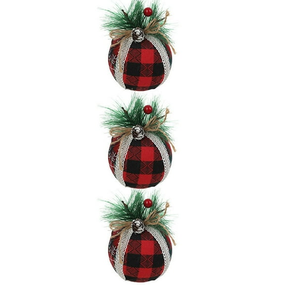 3PCS Christmas Plaid Ball Ornaments Burlap Foam 3.93'' Black & Red Buffalo Plaid Fabric Ball Ornaments with Pine Cones and Greenery, Plaid Christmas Tree Hanging Ball Ornaments Festive Decoration