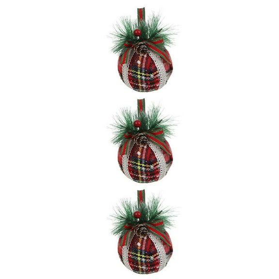 3PCS Christmas Plaid Ball Ornaments Burlap Foam 3.93'' Black & Red Buffalo Plaid Fabric Ball Ornaments with Pine Cones and Greenery, Plaid Christmas Tree Hanging Ball Ornaments Festive Decoration