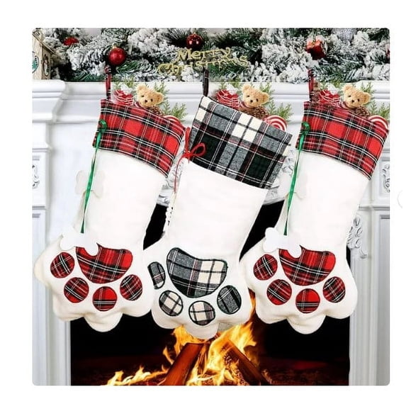 3PCS Christmas Stockings for Cat Dog Burlap Paw Stockings for Pet Buffalo Plaid Santa Stocking Fireplace Hanging Stockings Personalize Christmas Decoration